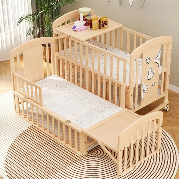 Solid Wood Baby Crib with Rocking Function – Adjustable Height, Wheels & Mosquito Net for Newborn Comfort