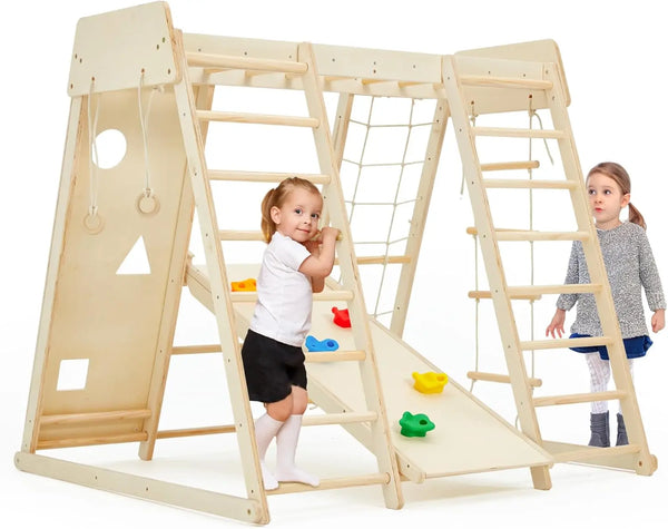 9-in-1 Wooden Indoor Jungle Gym for Kids with Slide, Climbing Wall & Monkey Bars