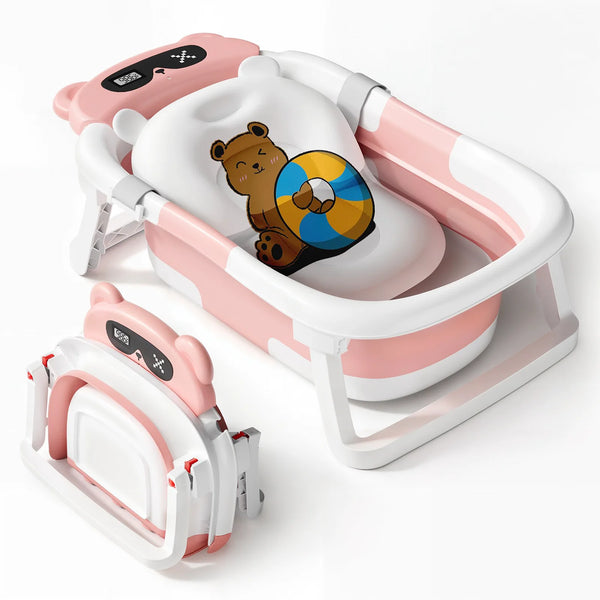 Foldable Baby Bathtub with Built-in Thermometer, Soft Cushion & Drain Hole