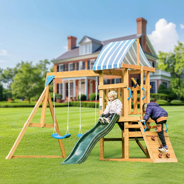 Wooden Swing Set with Dual Swings, Slide, Rock Wall, Chalkboard & Telescope for Backyard Fun