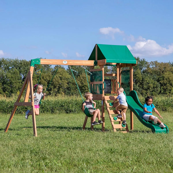 Cedar Swing Set with Wave Slide, Rock Wall, Chalkboard & Canopy Roof