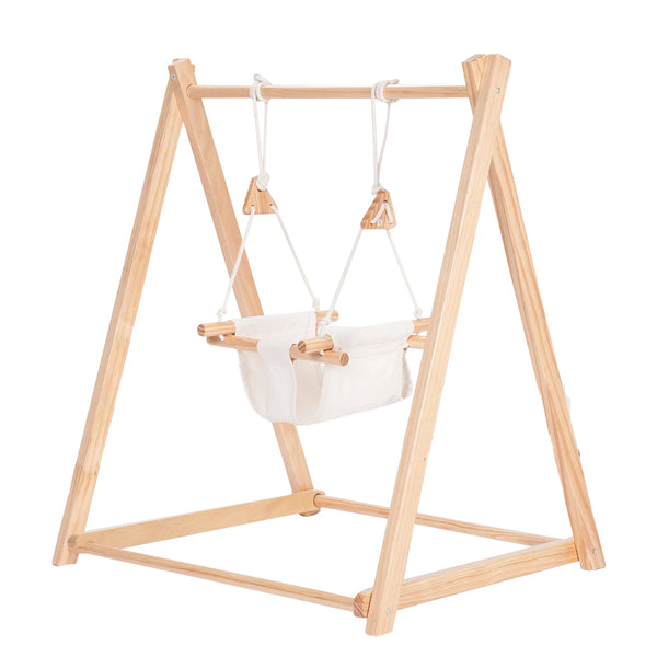2-in-1 Foldable Indoor & Outdoor Toddler Swing with Wooden Frame and Canvas Seat