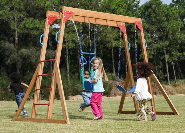 Dolphin Cedar Wood Swing Set with Monkey Bars, Trapeze & Belt Swings for Backyard