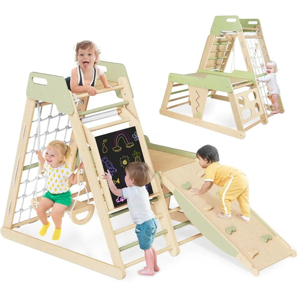 12-in-1 Wooden Indoor Jungle Gym for Toddlers with Swing, Slide & Climbing Net